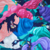 Dance of Blues abstract painting by Yelena Revis: pink, violet, blue and white ribbons on a turquoise and navy ground