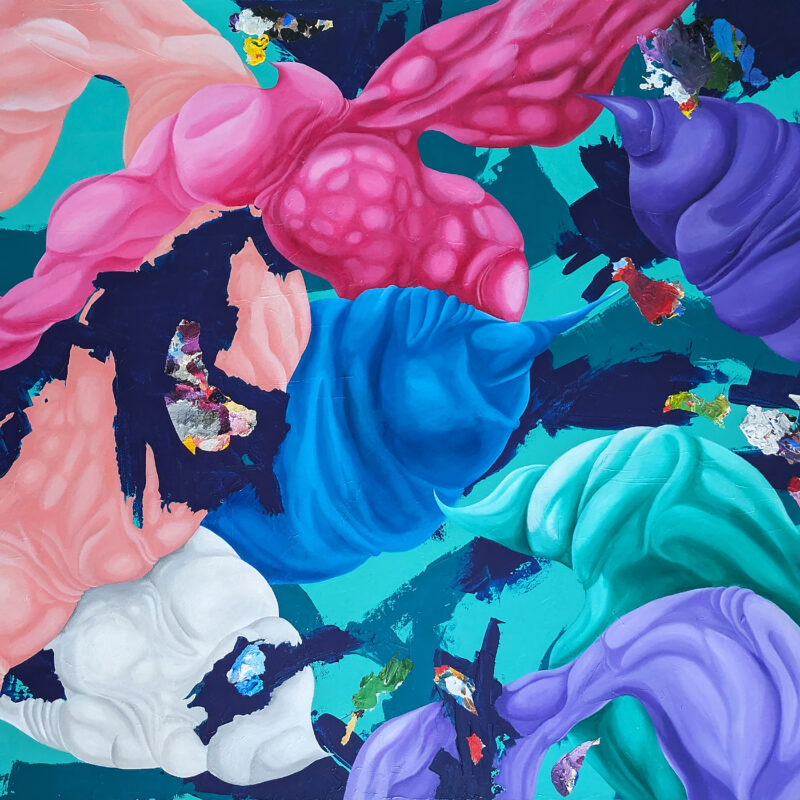 Dance of Blues — Original Abstract Painting by Yelena Revis Dance of Blues abstract painting by Yelena Revis: pink, violet, blue and white ribbons on a turquoise and navy ground