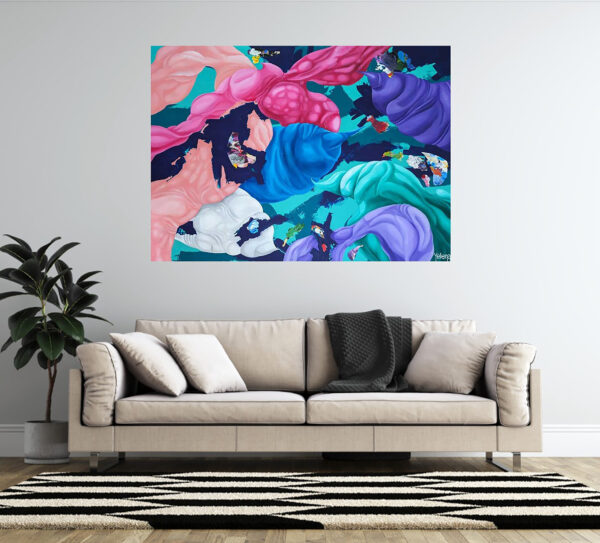 Dance of Blues abstract painting by Yelena Revis on a light wall above a beige couch