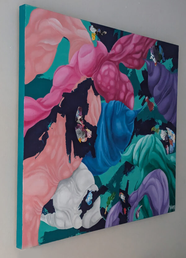 Side view of Dance of Blues by Yelena Revis showing finished teal gallery-wrapped edges