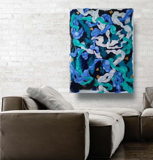 In-Situ Living Room Display — "Deep Sea Extravaganza" Abstract Painting by Yelena Revis Deep Sea Extravaganza abstract painting by Yelena Revis on a white brick wall above a modern sofa