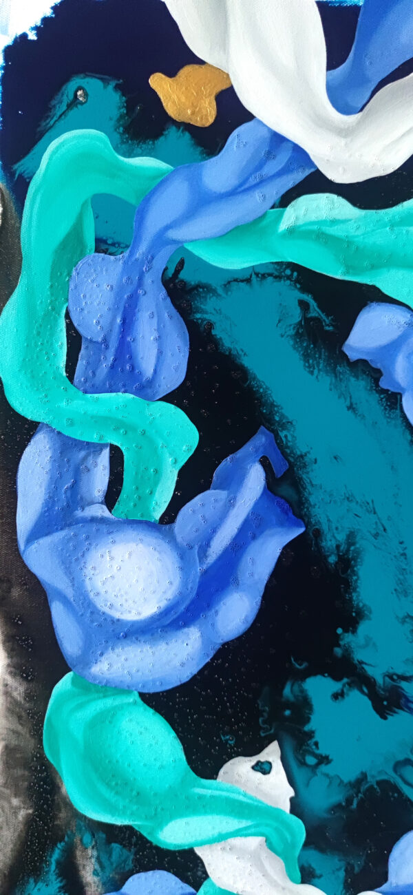 Fluid Cobalt Tendrils — "Deep Sea Extravaganza" Abstract Painting by Yelena Revis Detail of textured cobalt blue and teal fluid ribbons in Deep Sea Extravaganza by Yelena Revis
