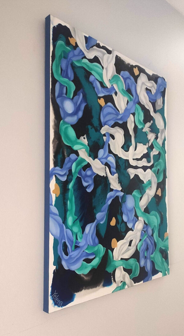 Angled Edge Profile View — "Deep Sea Extravaganza" Abstract Painting by Yelena Revis Side view of Deep Sea Extravaganza by Yelena Revis showing dark blue gallery-wrapped edges