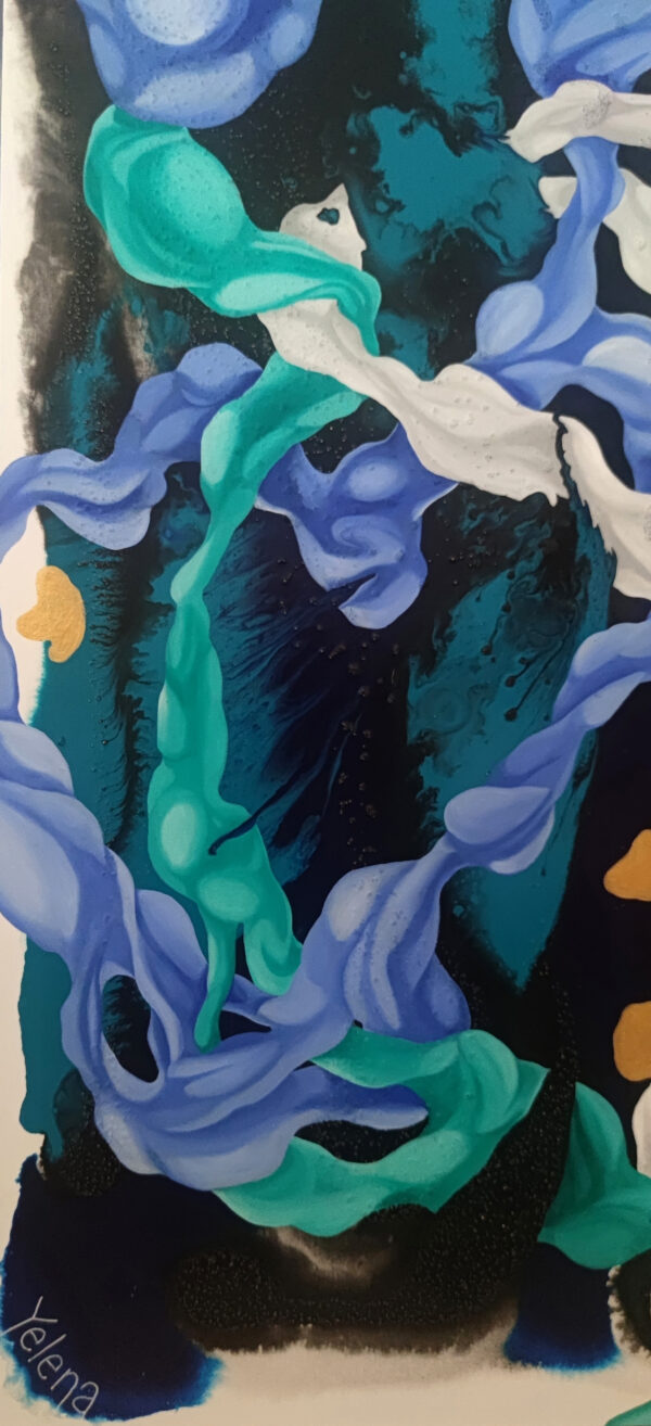 Artist Signature; Lower Detail — "Deep Sea Extravaganza" Abstract Painting by Yelena Revis Yelena Revis signature in the lower left corner of Deep Sea Extravaganza