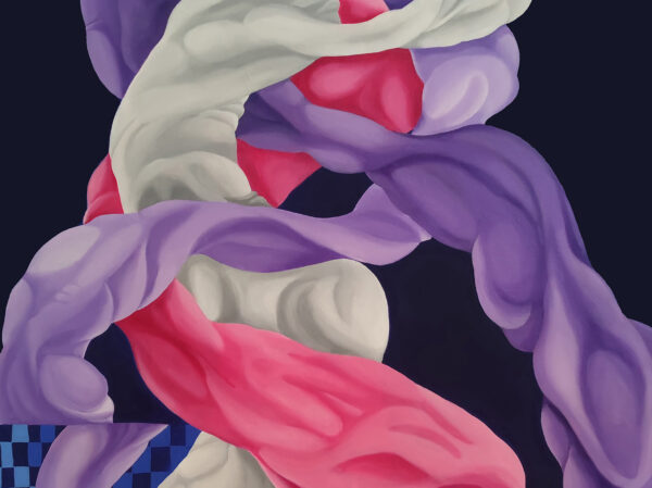 Detail of shading on intertwined lavender, pink and white ribbons in Embrace by Yelena Revis