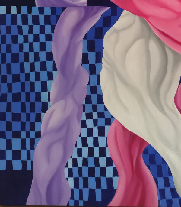 Detail of the blue and navy checkerboard, a yellow sphere and a purple tendril in Embrace by Yelena Revis