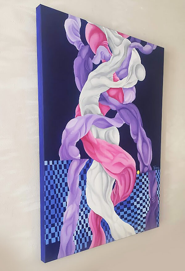 Side view of Embrace by Yelena Revis showing deep blue gallery-wrapped edges