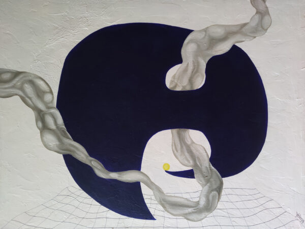 Ethereal Glide — Original Minimalist Abstract Painting by Yelena Revis Original minimalist abstract painting Ethereal Glide by Yelena Revis featuring a deep navy curved shape, silver impasto ribbons, a yellow orb, and a perspective grid floor.