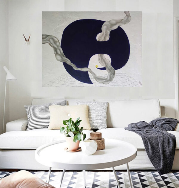 In-Situ Living Room Display — "Ethereal Glide" Abstract Painting by Yelena Revis Ethereal Glide textured abstract painting by Yelena Revis above a white sofa in a living room