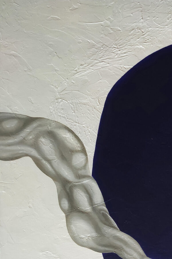 Left Ribbon Flow & Textured Surface Detail — "Ethereal Glide" Abstract Painting by Yelena Revis Detail of a silver ribbon over heavy plaster texture and navy in Ethereal Glide by Yelena Revis