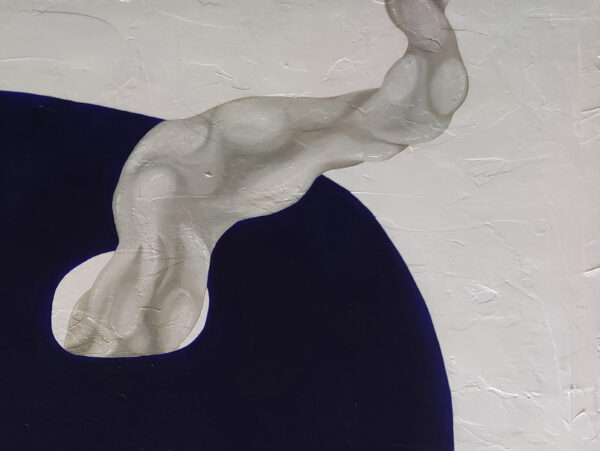 Upper Detail & Texture Macro — "Ethereal Glide" Abstract Painting by Yelena Revis Detail of plaster texture and a silver ribbon over a dark navy shape in Ethereal Glide by Yelena Revis