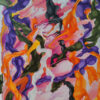 Original expressionist abstract painting Euphoric Whirlwind by Yelena Revis featuring swirling orange, purple, olive green, and white ribbons on a pink background.