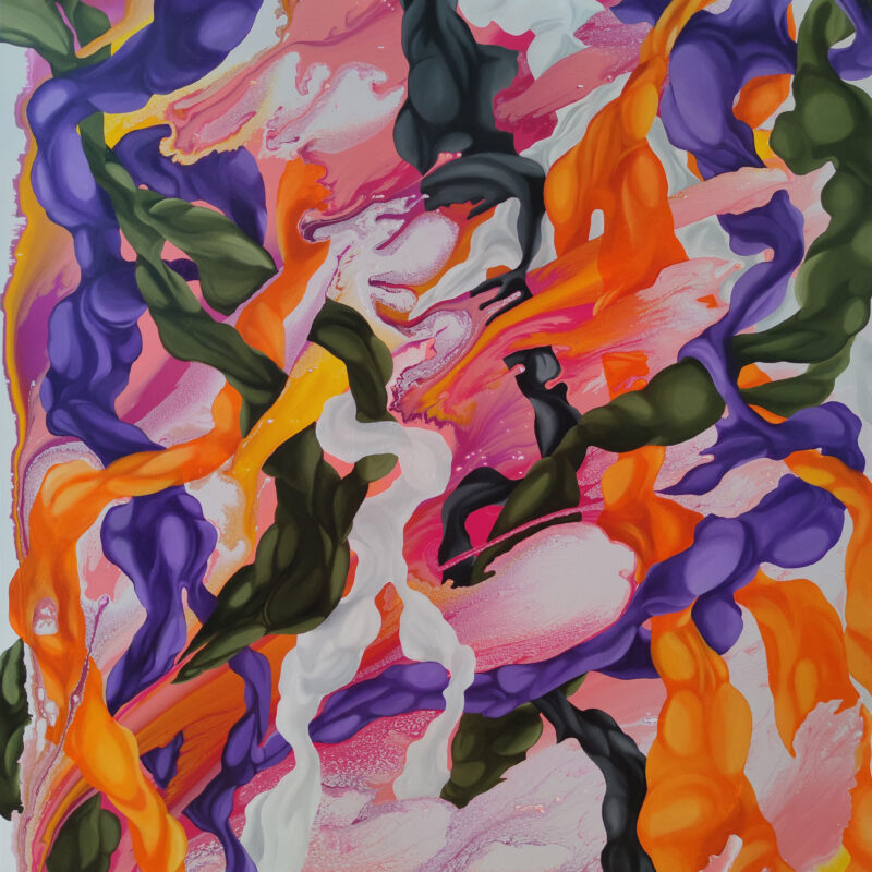 Euphoric Whirlwind — Original Expressionist Abstract Painting by Yelena Revis Original expressionist abstract painting Euphoric Whirlwind by Yelena Revis featuring swirling orange, purple, olive green, and white ribbons on a pink background.