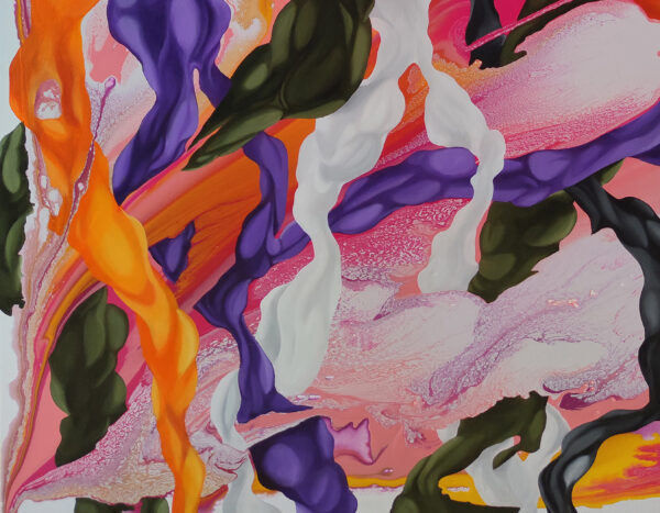 Detail of white and orange ribbon forms on the left side of Euphoric Whirlwind by Yelena Revis