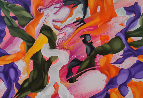 Yelena Revis signature on Euphoric Whirlwind beside textured orange and purple swirls, second view