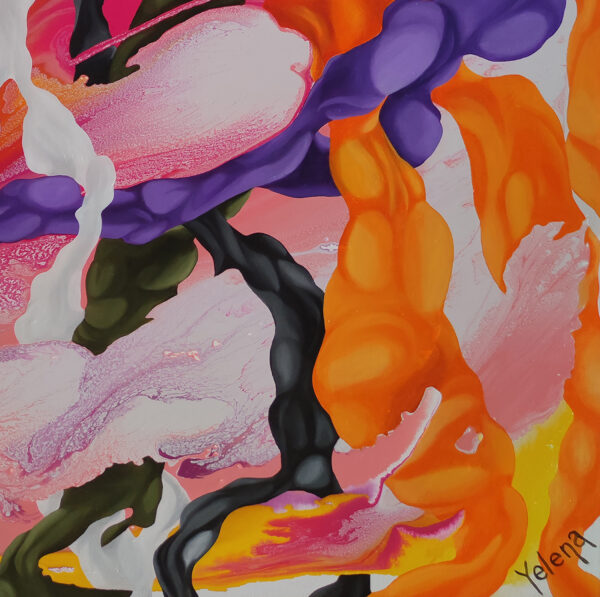 Yelena Revis signature on Euphoric Whirlwind beside textured orange and purple swirls