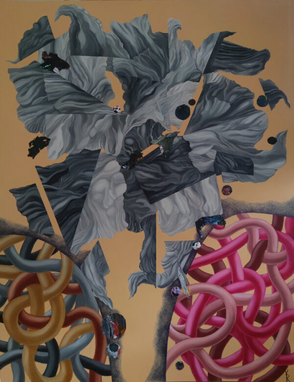 Fractured Monolith — Original Surrealist Abstract Painting by Yelena Revis Original surrealist abstract painting Fractured Monolith by Yelena Revis featuring a shattered grey stone form with gold, grey, and pink intertwined coils on a warm ochre background.