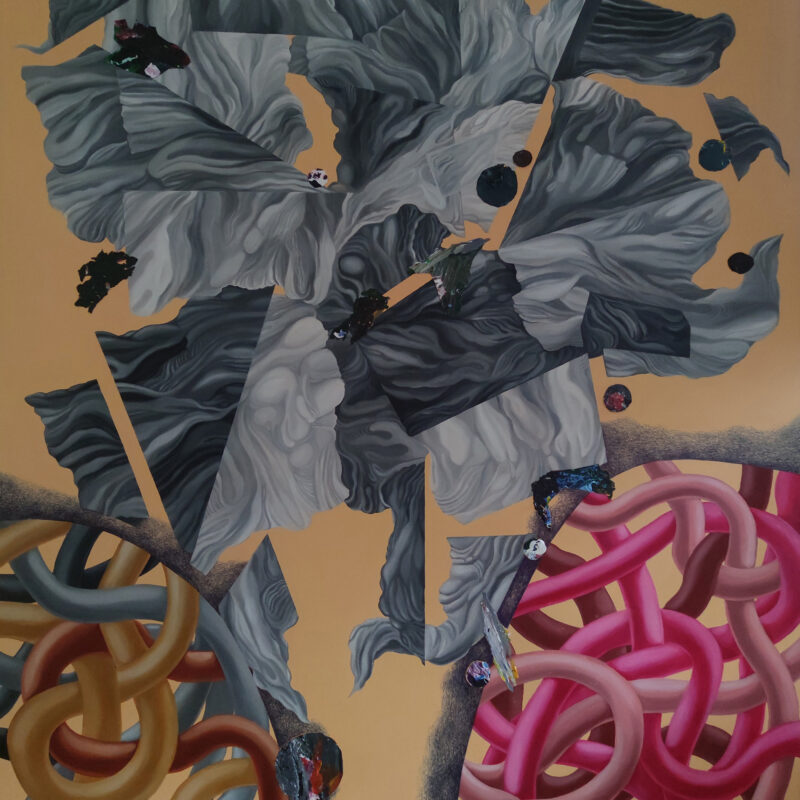 Fractured Monolith — Original Surrealist Abstract Painting by Yelena Revis Original surrealist abstract painting Fractured Monolith by Yelena Revis featuring a shattered grey stone form with gold, grey, and pink intertwined coils on a warm ochre background.