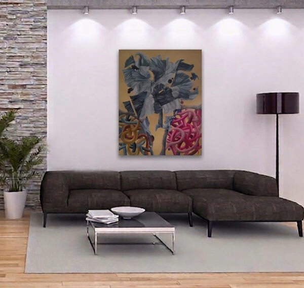 Fractured Monolith Wall Art Room Mockup – Abstract Painting by Yelena Revis Fractured Monolith abstract painting by Yelena Revis above a dark brown sectional sofa in a living room