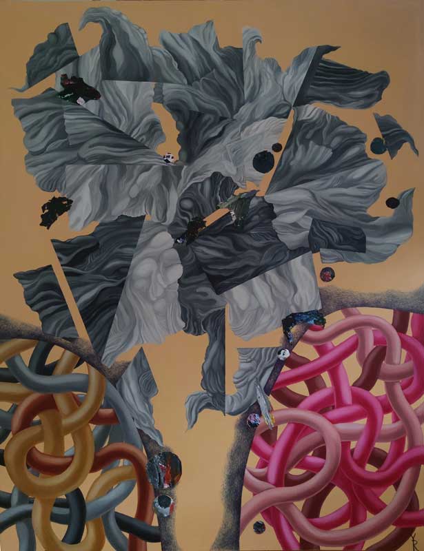 Fractured Monolith Original Contemporary Abstract Painting by Yelena Revis Fractured Monolith mixed-media abstract painting by Yelena Revis with fractured grey shapes above pink and ochre loops