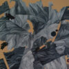 Fractured Monolith Monochromatic Gray Shards Detail – Abstract Painting by Yelena Revis Detail of grey shattered stone and draped fragments on warm tan in Fractured Monolith by Yelena Revis