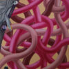 Fractured Monolith Artist Signature and Pink Tubular Detail – Painting by Yelena Revis Yelena Revis YR signature and pink tubular knot detail on Fractured Monolith