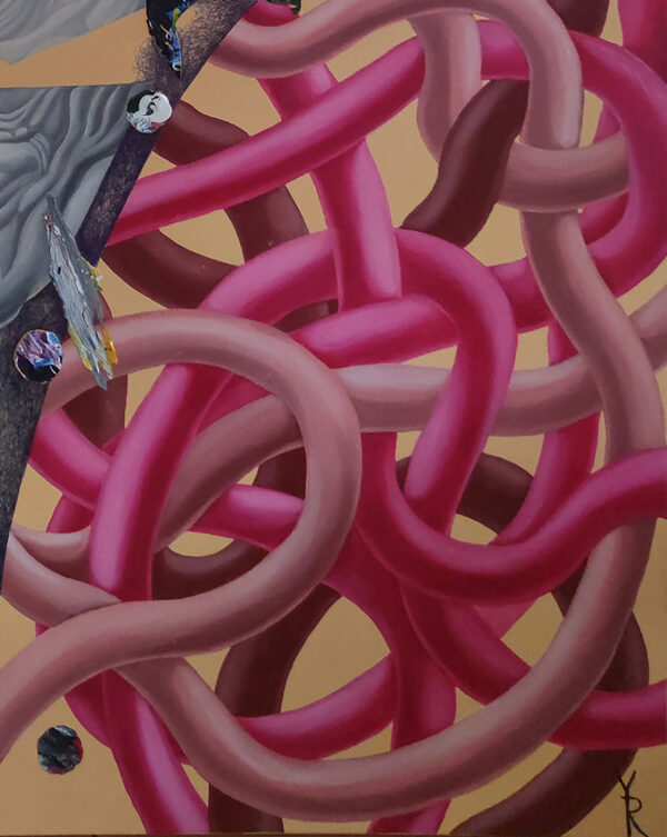 Fractured Monolith Artist Signature and Pink Tubular Detail – Painting by Yelena Revis Yelena Revis YR signature and pink tubular knot detail on Fractured Monolith