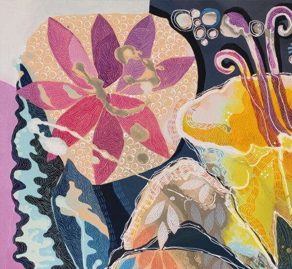 Fresh Abundance Flower Detail — Painting by Yelena Revis Fresh Abundance painting detail by Yelena Revis showcasing pink blossom, bubble patterns, and organic linework.