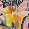 Fresh Abundance Floral Detail — Painting by Yelena Revis Fresh Abundance painting detail by Yelena Revis showcasing golden floral stamens, pink leaves, and dark accents.
