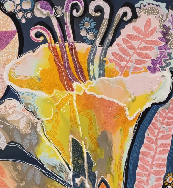 Fresh Abundance Floral Detail — Painting by Yelena Revis Fresh Abundance painting detail by Yelena Revis showcasing golden floral stamens, pink leaves, and dark accents.