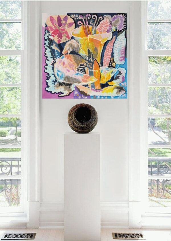 Fresh Abundance Gallery View — Painting by Yelena Revis Fresh Abundance painting by Yelena Revis displayed in a bright gallery interior above a sculpture pedestal.