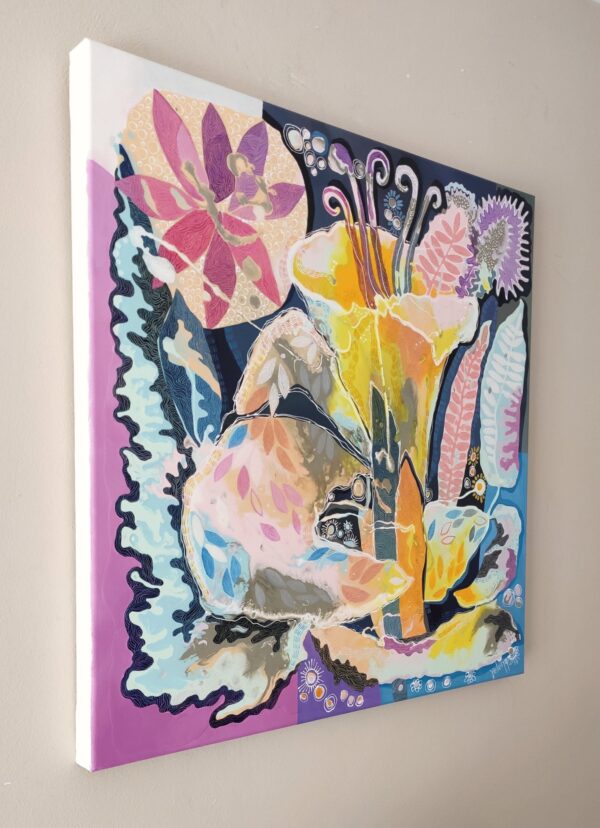 Fresh Abundance Canvas Side View — Painting by Yelena Revis Fresh Abundance abstract painting by Yelena Revis side view showing stretched canvas edge and painted borders.