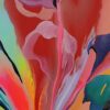 Garden of Eden I painting detail by Yelena Revis showcasing radiant pink petals, red background, and fluid curves.