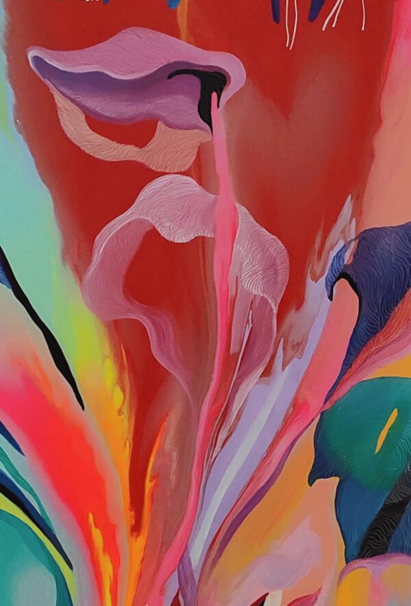 Garden of Eden I painting detail by Yelena Revis showcasing radiant pink petals, red background, and fluid curves.