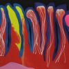 Garden of Eden I painting detail by Yelena Revis showing glowing yellow and red floral stamen structures.