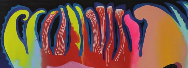 Garden of Eden I painting detail by Yelena Revis showing glowing yellow and red floral stamen structures.