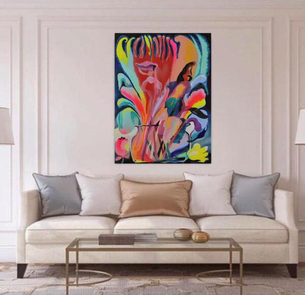 Garden of Eden I painting by Yelena Revis styled above a cream sofa in an elegant, bright living room interior.