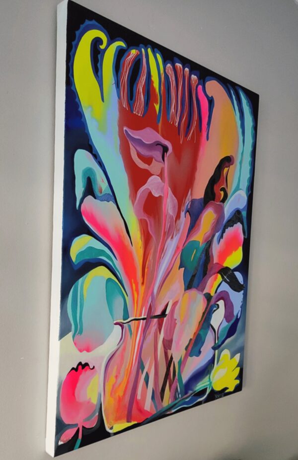 Garden of Eden I abstract painting by Yelena Revis side view showing stretched canvas profile and finished edges.