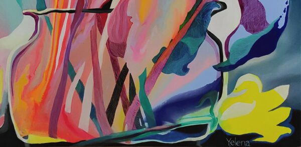 Garden of Eden I painting detail by Yelena Revis showing the artist signature in the lower right corner.