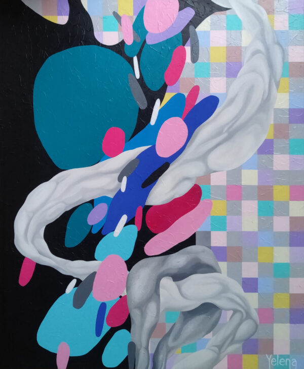 Original colorful abstract painting Harmony in Motion by Yelena Revis featuring floating teal, pink, and blue pebbles, a white impasto ribbon, and a pastel grid background.