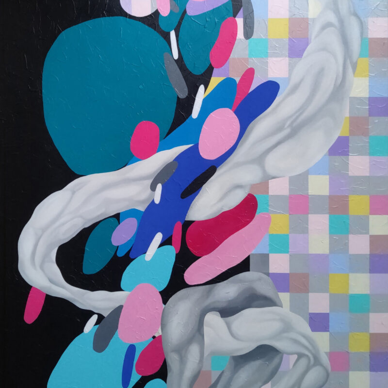 Harmony in Motion — Original Vibrant Abstract Painting by Yelena Revis Original colorful abstract painting Harmony in Motion by Yelena Revis featuring floating teal, pink, and blue pebbles, a white impasto ribbon, and a pastel grid background.