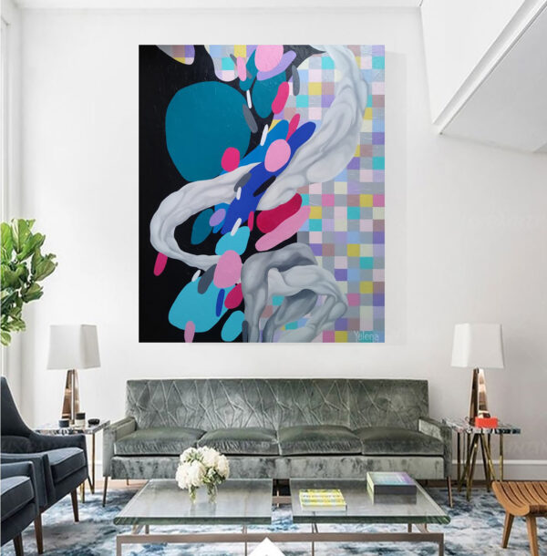 Harmony in Motion abstract painting by Yelena Revis on a white wall above a green velvet sofa