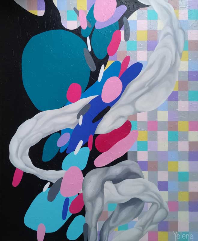 Harmony in Motion Original Contemporary Abstract Painting by Yelena Revis Harmony in Motion mixed-media abstract painting by Yelena Revis with white wave forms over a colourful grid
