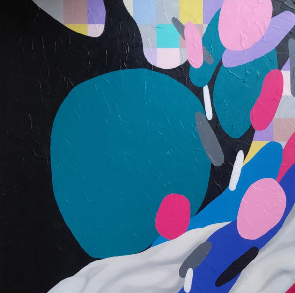 Detail of a teal orb on black with pink accents and a white ribbon in Harmony in Motion by Yelena Revis
