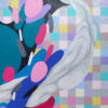Detail of swirling white waves over a pastel grid with pink and blue shapes in Harmony in Motion by Yelena Revis