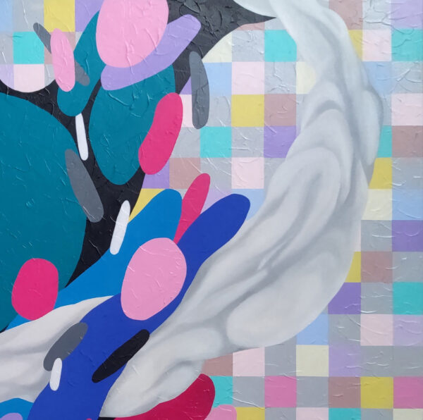 Detail of swirling white waves over a pastel grid with pink and blue shapes in Harmony in Motion by Yelena Revis