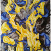 Original expressionist abstract painting Harmony of Contrasts by Yelena Revis featuring flowing yellow fire-like shapes, cobalt blue ribbons, op-art stripes, and marble ink textures.