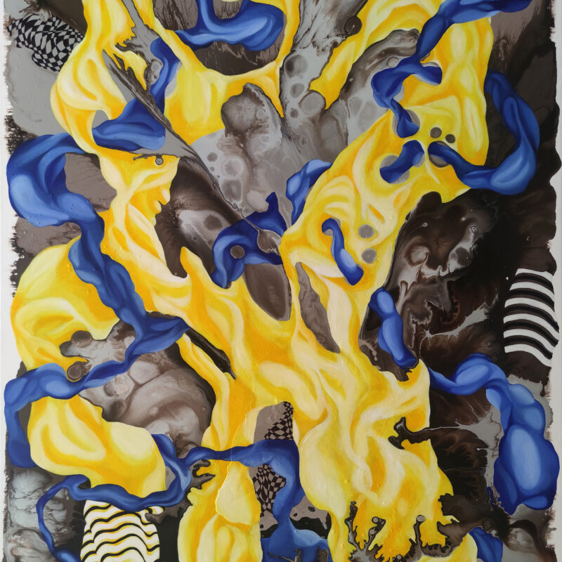 Harmony of Contrasts — Original Expressionist Abstract Painting by Yelena Revis Original expressionist abstract painting Harmony of Contrasts by Yelena Revis featuring flowing yellow fire-like shapes, cobalt blue ribbons, op-art stripes, and marble ink textures.