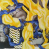 Detail of black-and-white striped optical patterns and marbled ink in Harmony of Contrasts by Yelena Revis