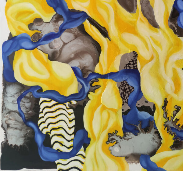 Detail of black-and-white striped optical patterns and marbled ink in Harmony of Contrasts by Yelena Revis